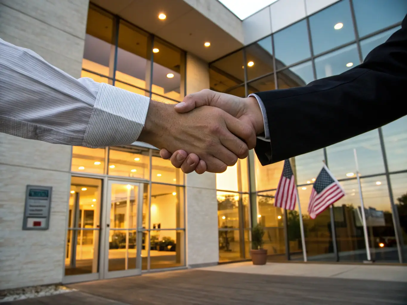 A handshake between a brand manager and a content creator, set against a backdrop of a successful product launch event, representing successful partnerships.