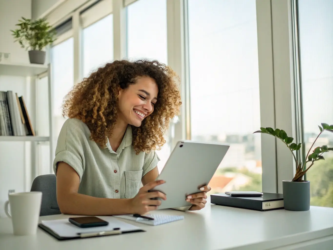 A content creator is reviewing a contract on a tablet, with a pen in hand, in a brightly lit, modern office space, symbolizing contract review and deal management.