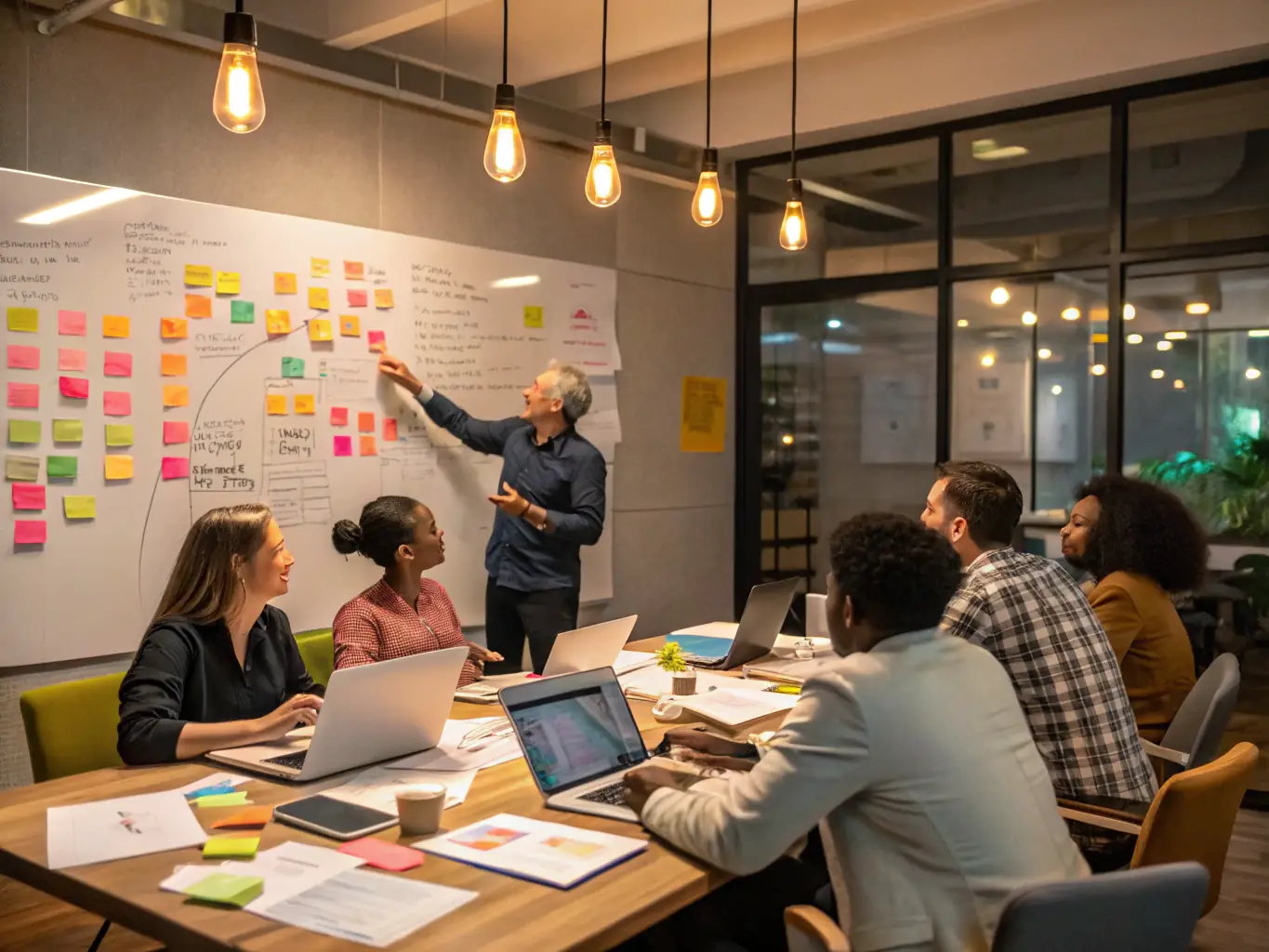 A diverse group of content creators brainstorming ideas in a modern, collaborative workspace, reflecting the innovative partnerships facilitated by Finxi Social.